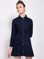 Women Casual Denim Turn Down Collar 3/4 Sleeve Blouse Dress