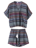 Women Casual Floral Print Bandage V-neck Short Sleeve Suit