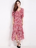 Women Casual Floral Print Slit V-neck Half Sleeve Maxi Dress