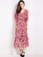 Women Casual Floral Print Slit V-neck Half Sleeve Maxi Dress