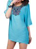 Women Casual Half Sleeve Solid Colors Beading Embroidery Stitching Long Top Blouse