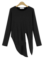 Women Casual Irregular Slit Hem Long sleeve O-neck T-shirt
