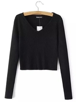 Women Casual Knitted Long Sleeve Solid Color V-neck Sweater