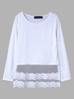 Women Casual Lace Stitching Long Sleeve O-neck T-shirt