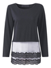 Women Casual Lace Stitching Slit Long Sleeve O-neck T-shirt
