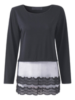 Women Casual Lace Stitching Slit Long Sleeve O-neck T-shirt