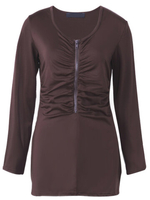 Women Casual Long Sleeves Zipper Pleated V-neck T-shirt