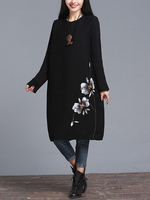 Women Casual Loose Printed O-Neck Long Sleeve Dresses
