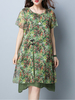 Women Casual Loose Printed O-Neck Short Sleeve Slit Dresses
