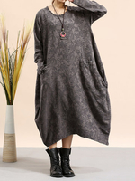 Women Casual Loose Solid Color Printed O-Neck Long Sleeve Maxi Dresses