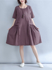 Women Casual Loose Solid Pockets O-Neck Short Sleeve Dresses
