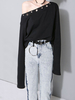 Women Casual Off-shoulder Eyelet Long Sleeve Pure Color T-shirt