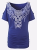 Women Casual Off-shoulder Sequins Stitching V-neck T-shirt