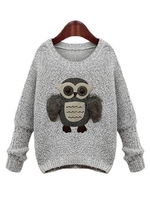 Women Casual Owl Print Long Sleeve Loose Pullover Sweater