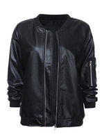 Women Casual PU Leather Long Sleeve Baseball Coat