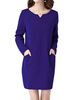 Women Casual Pure Color V-Neck Long Sleeve Pocket Mini Dress