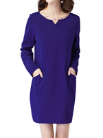 Women Casual Pure Color V-Neck Long Sleeve Pocket Mini Dress