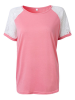 Women Casual Solid Color Short Sleeve Lace Patchwork T-shirt