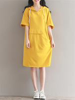 Women Casual Solid Loose Big Pocket Short Sleeve Hooded Dresses