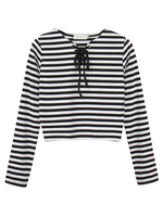 Women Casual Stripe Cross Strap Long Sleeve V-neck T-shirt