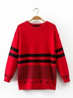 Women Casual Stripe Letter Print Long Sleeve O-neck Sweater