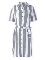 Women Casual Stripe Tie Waist V-neck Half Sleeve Blouse Dress