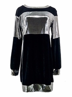 Women Casual Velvet Patchwork Long Sleeve O-neck Mini Dress