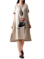 Women Character Printed Split Cotton Linen Dress