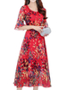 Women Chiffon Floral O-Neck Trumpet Sleeve Billowing Dresses