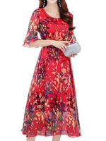 Women Chiffon Floral O-Neck Trumpet Sleeve Billowing Dresses