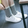 Women Cotton Houndstooth Stripes Plaid Socks Black White Hit Color Socks