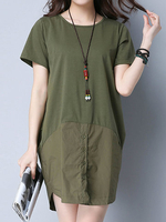 Women Cotton Patchwork Short Sleeve Mid-Long T-shirts