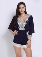 Women Deep V-neck Half Sleeves Lace Jumpsuit