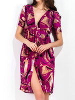 Women Deep V-Neck Printed Short Sleeve Split Summer Beach Dresses