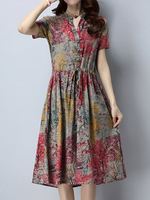 Women Drawstring Printed V-Neck Short Sleeve Vintage Dresses