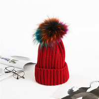 Women Dyed Fur Pom Pom Bobble Knit Ski Hat Winter Warm Thick Beanie Cap