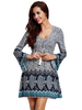 Women Elastic Waist V-neck Long Sleeve Printed Mini Dress