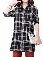 Women Elegant Lapel Twist Buckle Plaid Split Long Blouse