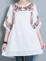 Women Embroidered Half Sleeve O-Neck Loose Vintage Blouses