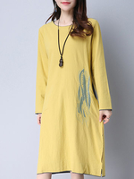 Women Embroidered Long Sleeve Pocket O-Neck Dresses