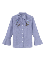 Women Embroidered Long Sleeve Stripe Bow Tie Blouses