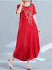 Women Embroidered Loose Short Sleeve Vintage Maxi Dresses