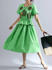 Women Embroidered Short Sleeve Drawstring Vintage Dresses
