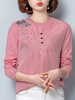 Women Embroidered Stripe Buttons Pocket Long Sleeve Blouses