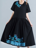Women Embroidery Loose O-Neck Short Sleeve Casual Dresses