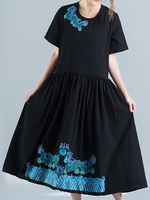 Women Embroidery Loose O-Neck Short Sleeve Casual Dresses