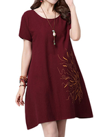 Women Embroidery O-Neck Cotton Linen A-Line Dress