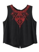 Women Embroidery Sleeveless O Neck Back Button Cotton Tank Tops