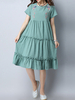 Women Embroidery Solid Color O-Neck Short Sleeve Pleated Dresses