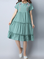 Women Embroidery Solid Color O-Neck Short Sleeve Pleated Dresses